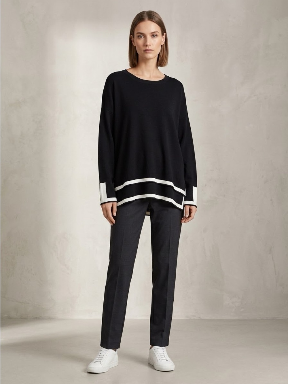 PRETTYGUARDEN XL Oversized Contrast Trim Knit Sweater High Low NWT